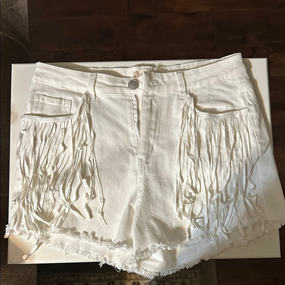 White Fringe Denim Shorts